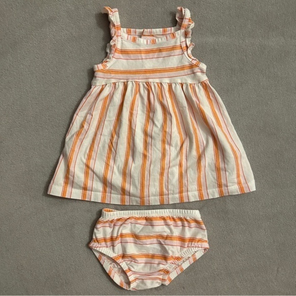 EUC Carter’s 2pc Baby Girl Sun Dress Set, Pink/Orange & White Stripe, 6-9 Months